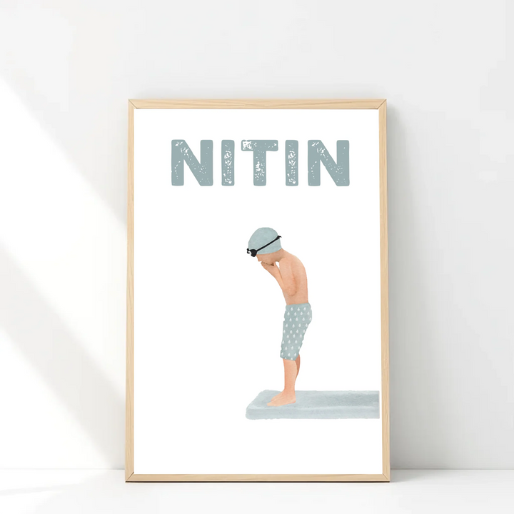 Swimmer Wall Art - Minimalist Kids Decor & Diving Board Print for Boys Room & Nursery