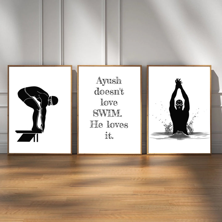 Swim Art - Black & White Swimmer Poster Boys' Bedroom & Teen Room Decor | Set of 3