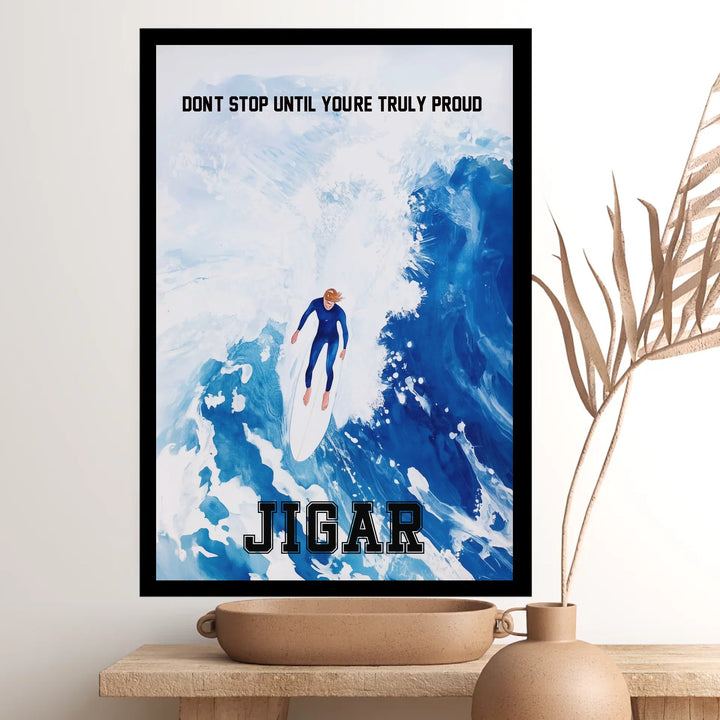 Custom Big Wave Surfer Art Print – Ocean Surfing Wall Art, Blue Coastal Decor with Personalized Name & Message