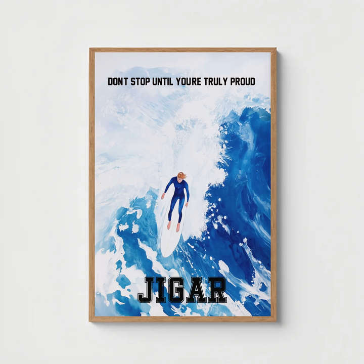 Custom Big Wave Surfer Art Print – Ocean Surfing Wall Art, Blue Coastal Decor with Personalized Name & Message
