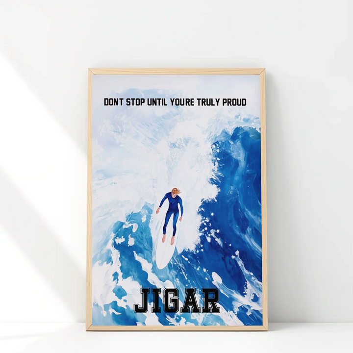 Custom Big Wave Surfer Art Print – Ocean Surfing Wall Art, Blue Coastal Decor with Personalized Name & Message