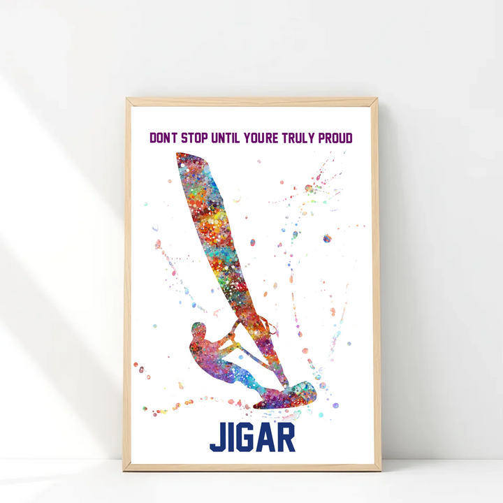 Personalised Windsurfing Man Painting – Custom Name, Text & Date Wall Art