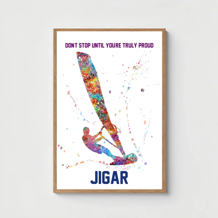 Personalised Windsurfing Man Painting – Custom Name, Text & Date Wall Art