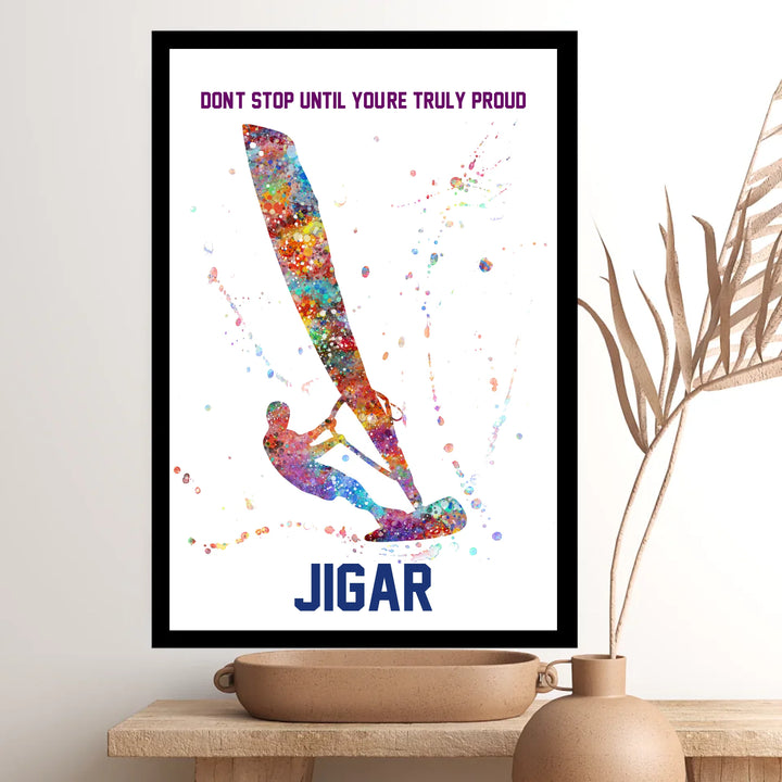 Personalised Windsurfing Man Painting – Custom Name, Text & Date Wall Art