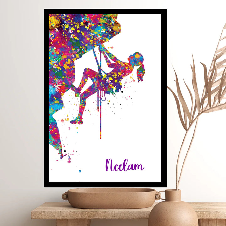 Personalised Climber Woman Watercolour Print – Rock Climber Girl Wall Art | Customisable Gift for Her