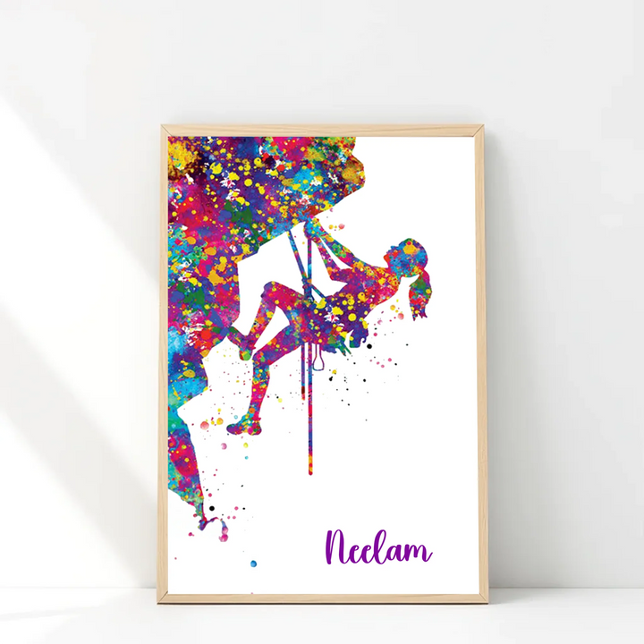 Personalised Climber Woman Watercolour Print – Rock Climber Girl Wall Art | Customisable Gift for Her
