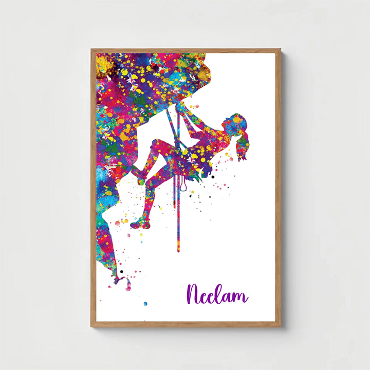 Personalised Climber Woman Watercolour Print – Rock Climber Girl Wall Art | Customisable Gift for Her