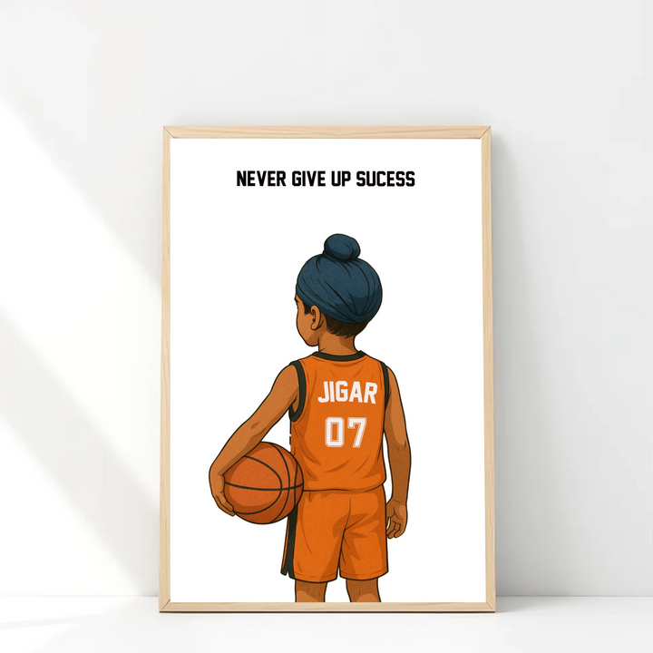 Personalised Basketball Player Wall Art – Sikh Boy Custom Sports Print | Empowering & Unique