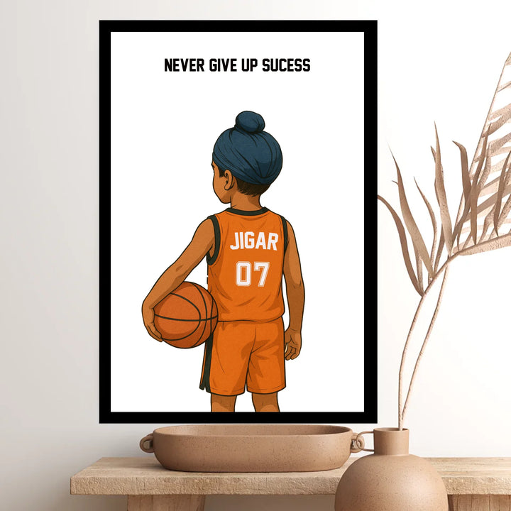 Personalised Basketball Player Wall Art – Sikh Boy Custom Sports Print | Empowering & Unique