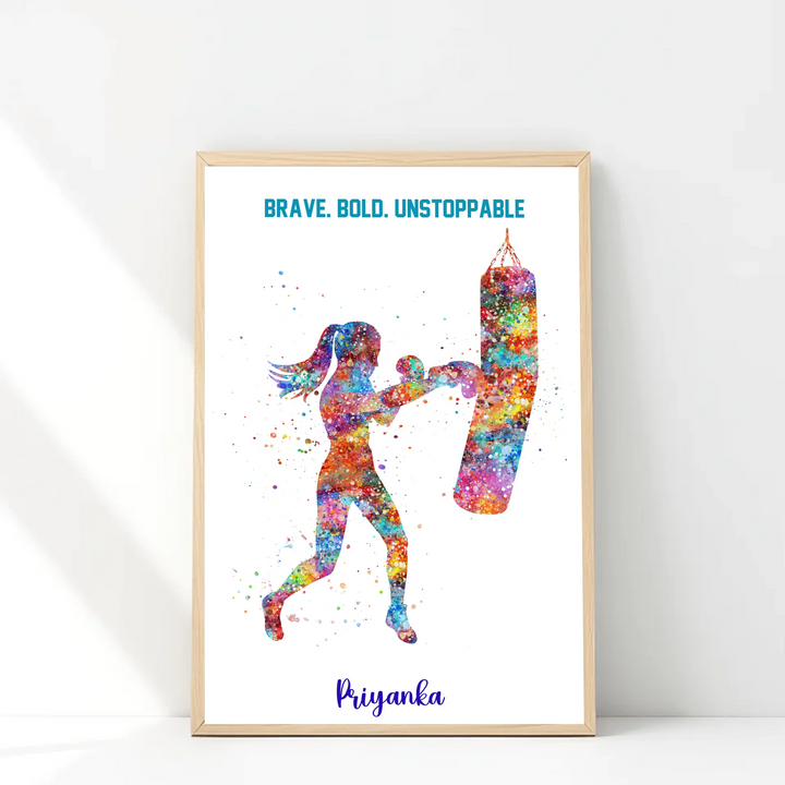 Personalised Boxer Girl Wall Art – Custom Name & Motivational Print | Brave. Bold. Unstoppable.