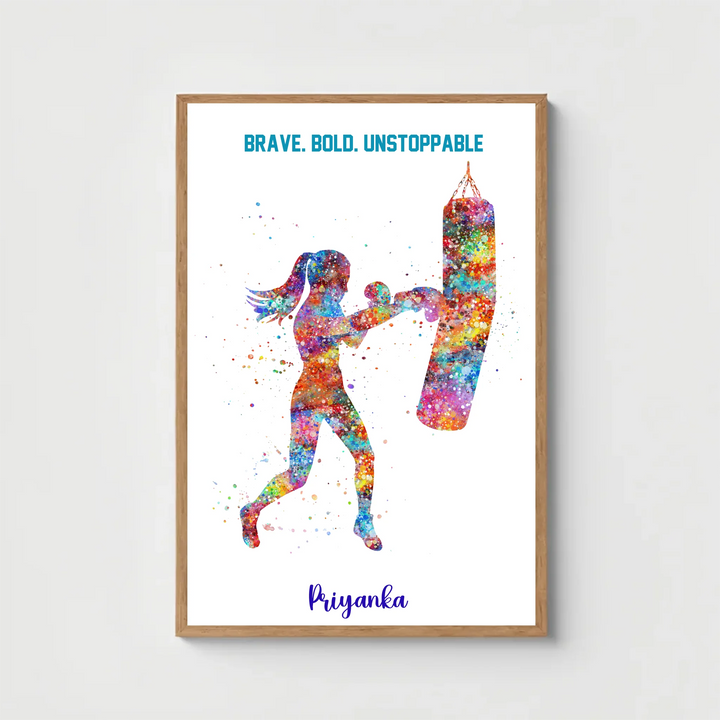 Personalised Boxer Girl Wall Art – Custom Name & Motivational Print | Brave. Bold. Unstoppable.