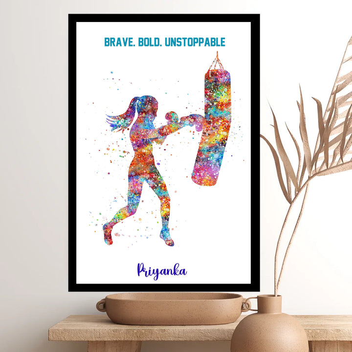 Personalised Boxer Girl Wall Art – Custom Name & Motivational Print | Brave. Bold. Unstoppable.