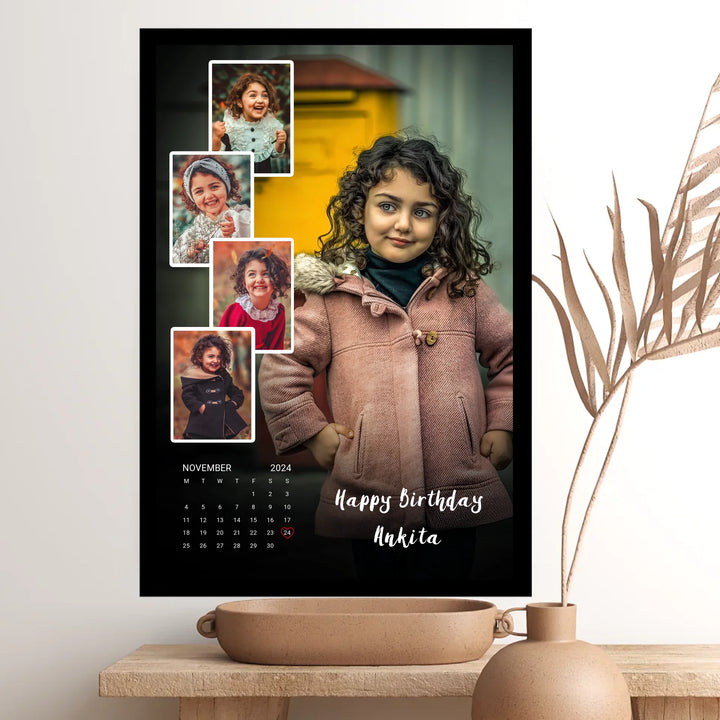 Personalised Birthday Calendar Poster – 5 Photo Collage with Name & Date