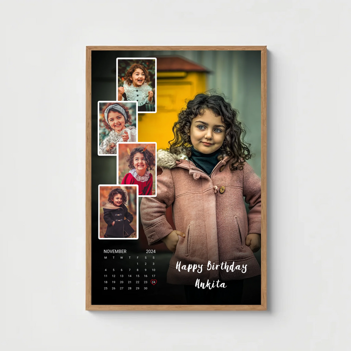 Personalised Birthday Calendar Poster – 5 Photo Collage with Name & Date