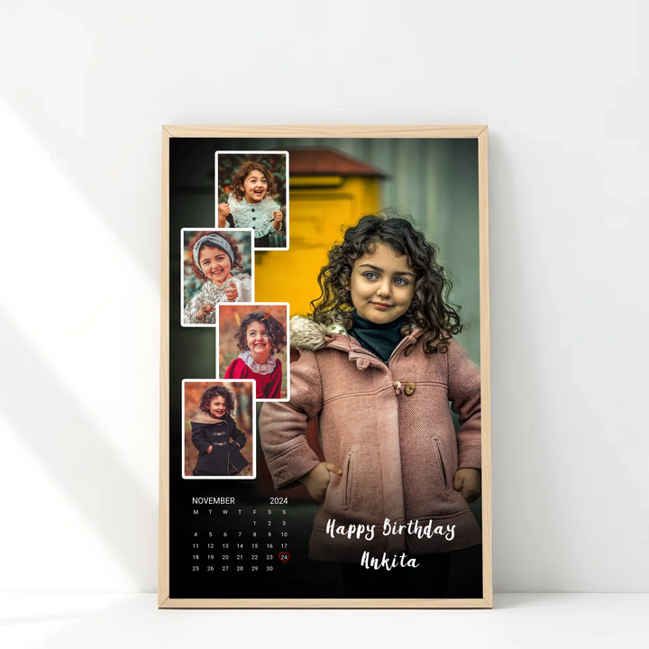 Personalised Birthday Calendar Poster – 5 Photo Collage with Name & Date