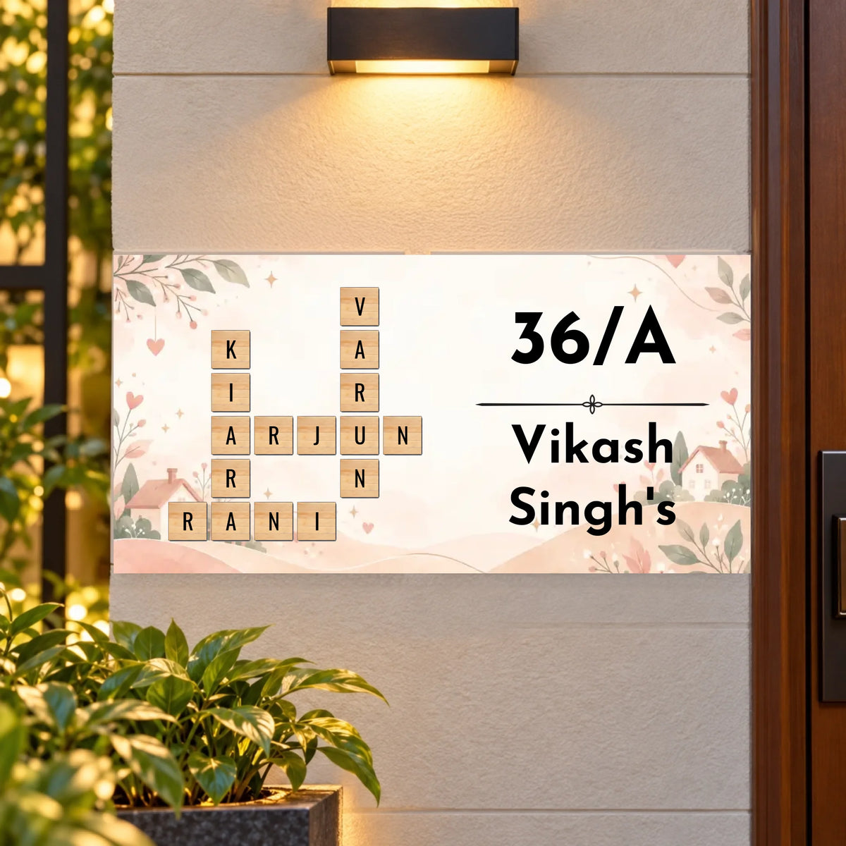 Elegant Floral Entrance Plaque with Crossword Names