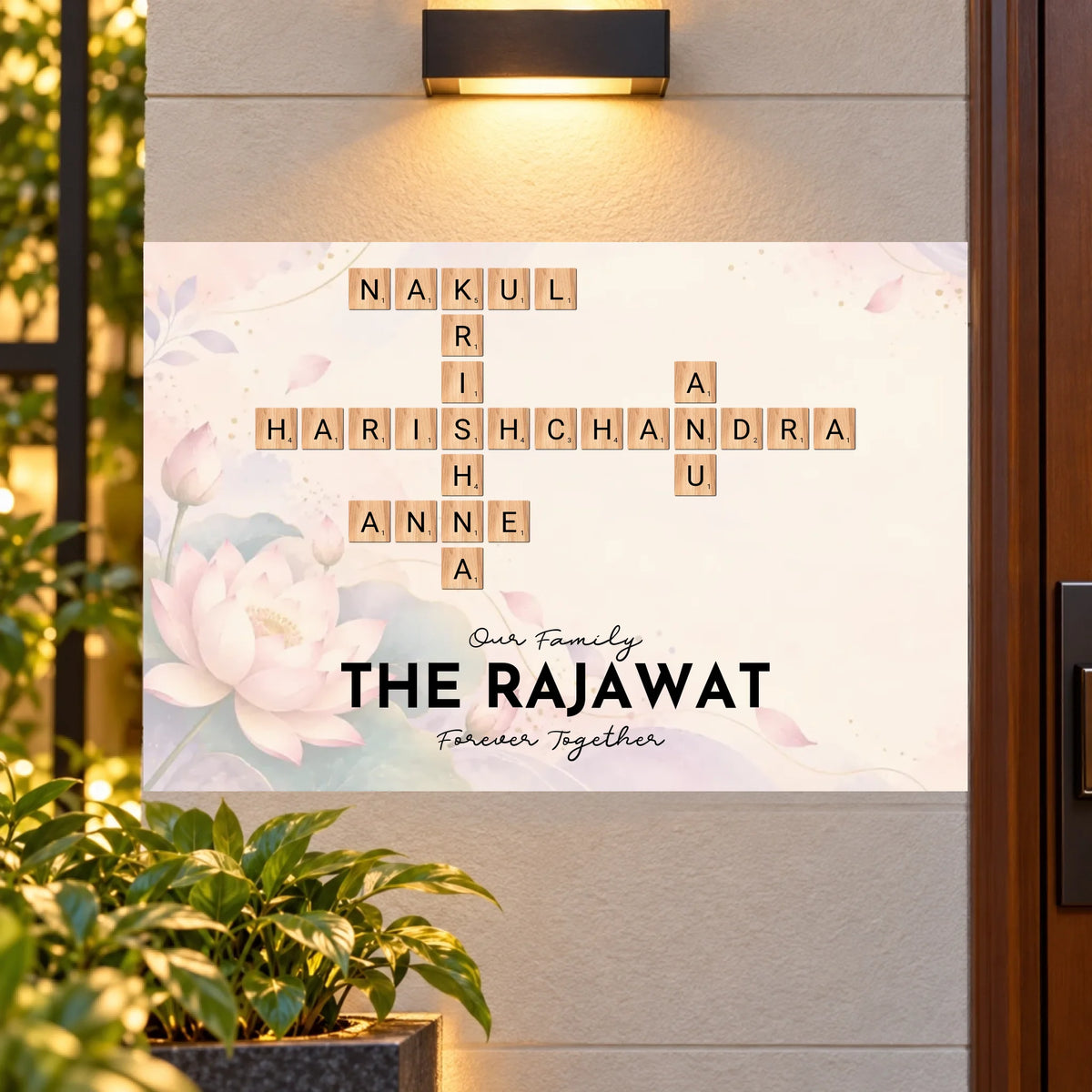 Elegant Floral Entrance Plaque with Crossword Names