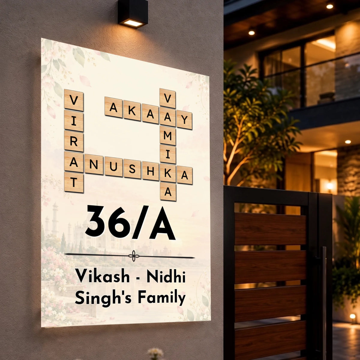 Elegant Floral Entrance Plaque with Crossword Names