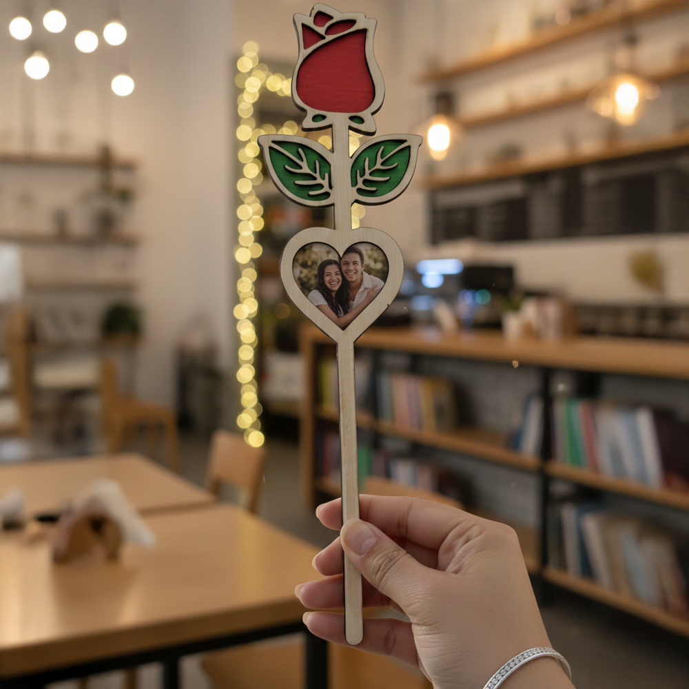 Wooden Rose with Custom Photo Heart – A Symbol of Forever Love